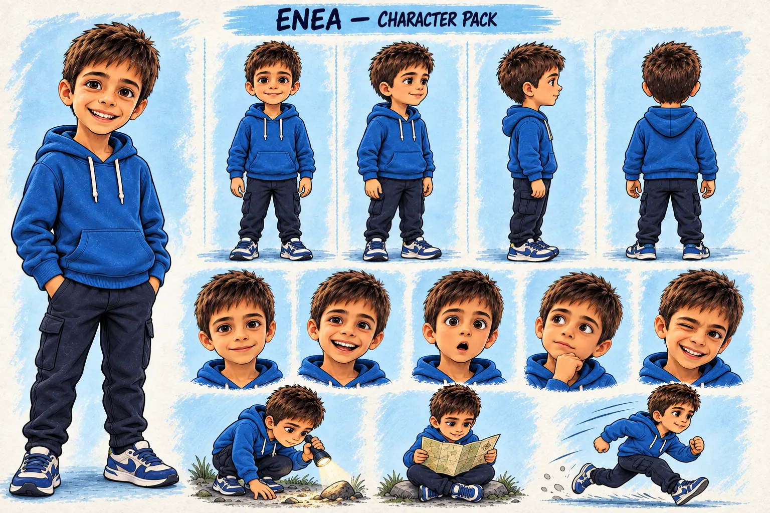 Enea a 10 anni: Character Pack fumettoso con viste, pose ed espressioni