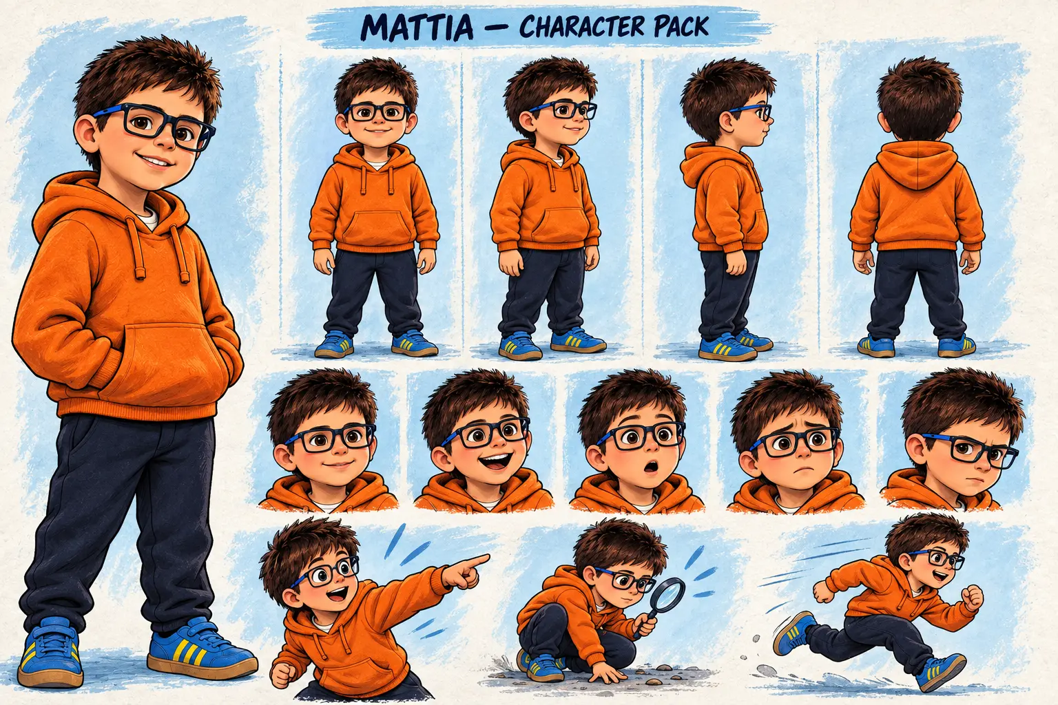Mattia a 10 anni: Character Pack fumettoso con viste, pose ed espressioni