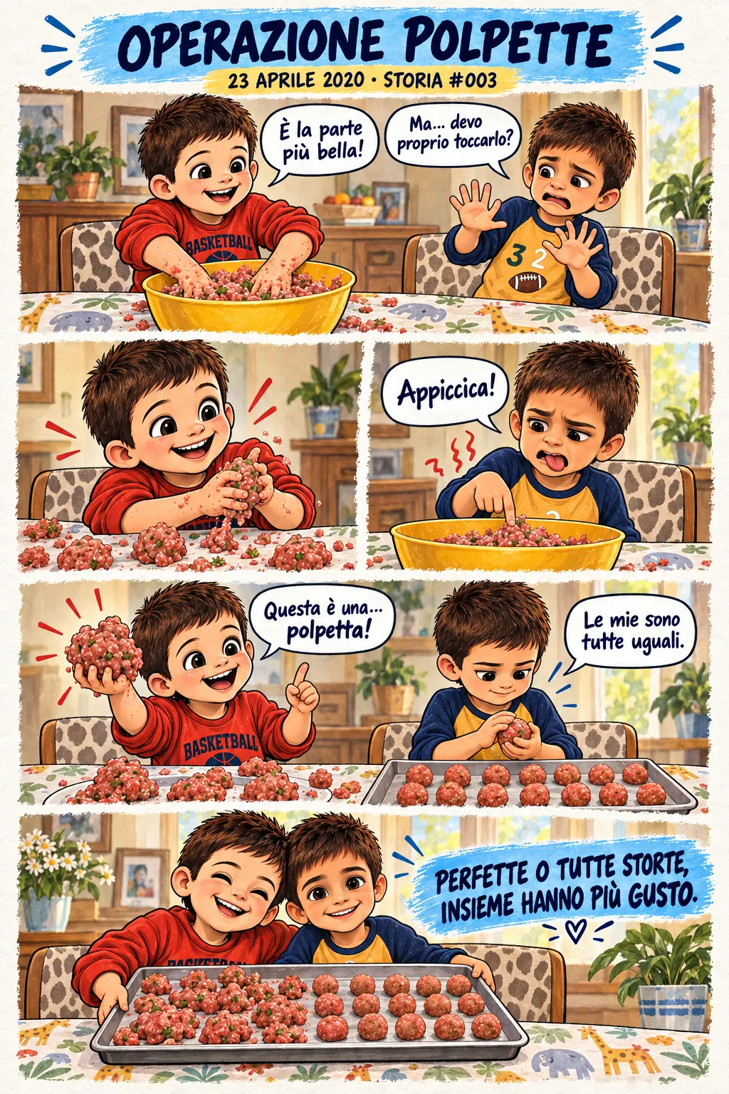 Mattia ed Enea a cinque anni preparano insieme polpette storte e polpette perfettamente uguali